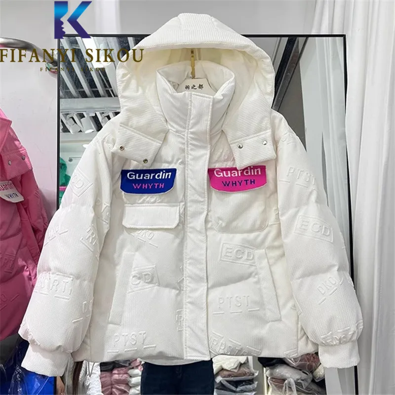 

Letter Print Down Jacket Women Spliced Fashion Hooded Parkas Pocket Loose Casual Winter Jacket Thick Warm Cotton Coat Female