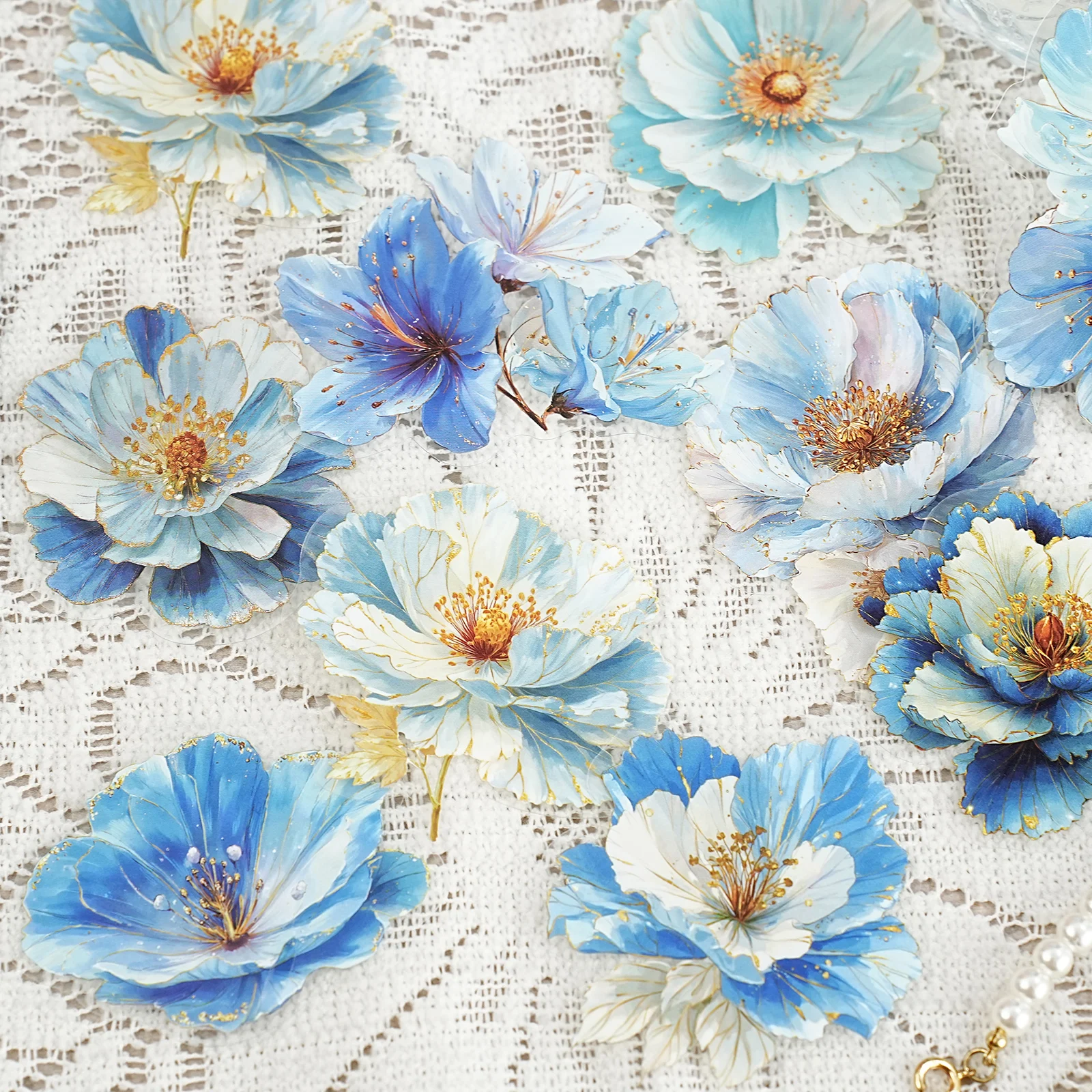 Etori Life Cobalt Blue Dreamland 20Pcs Vintage Blue Flower Gold Foil Still Texture Pattern Pet Stickers for Handmade Scrapbooking Supplies, Notebooks, Phone Stickers, Office Decoration Accessories, Room Decoration, Children's Gift Paper Bags, Card Making, DIY Artwork, School Supplies, Vintage Parties, Baking Seals, Toy Stickers