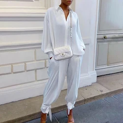 Spring 2 Piece Set Women Tops and Pants Tracksuit Casual Solid Suit Long Sleeve V-neck Shirt Loose Long Pants Sportwear Outfit