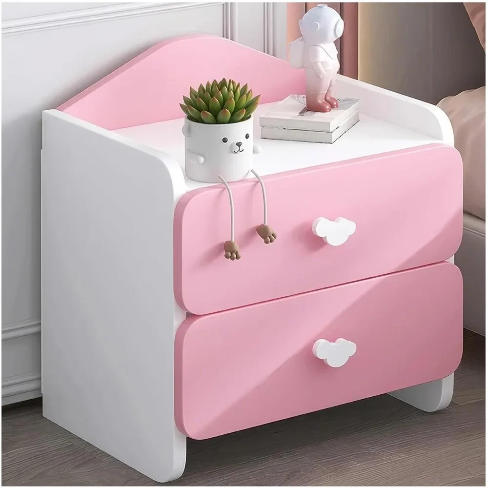 Children's bedside table with wooden storage space, double drawers, open wooden frame for children's room, bedside table