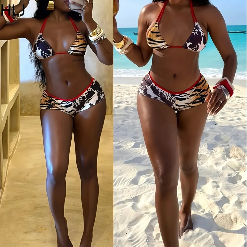

HLJ Sexy Leopard Print Patchwork Two Piece Outfits Woman Spaghetti Strap Sleeveless Backless Top and Shorts Female Streetwear