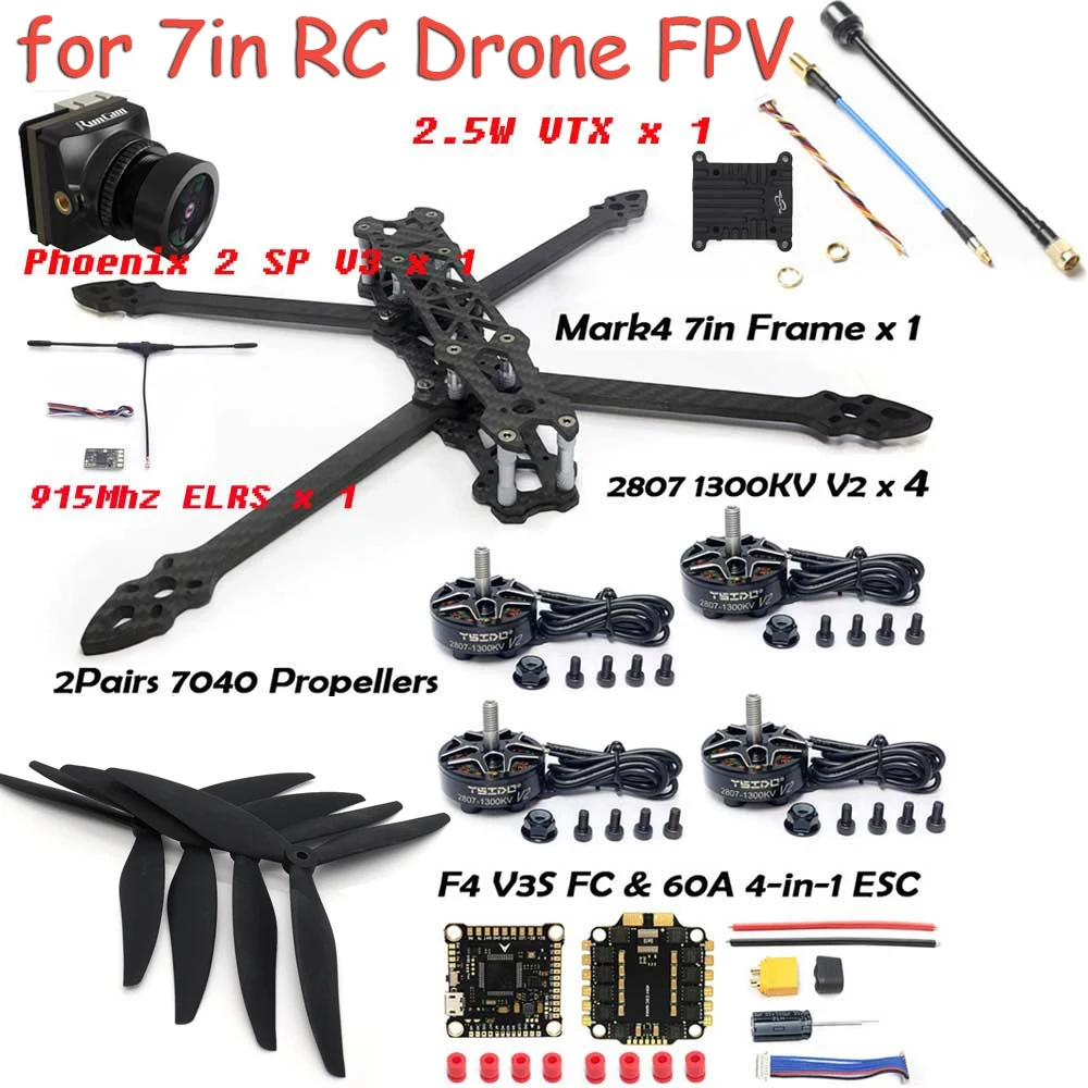 

MARK4 7inch Carbon Fiber Frame 2807 1300KV Brushless Motor F4 V3S FC 60A ESC 7040 propeller Combo for FPV 7" Long Range Drone