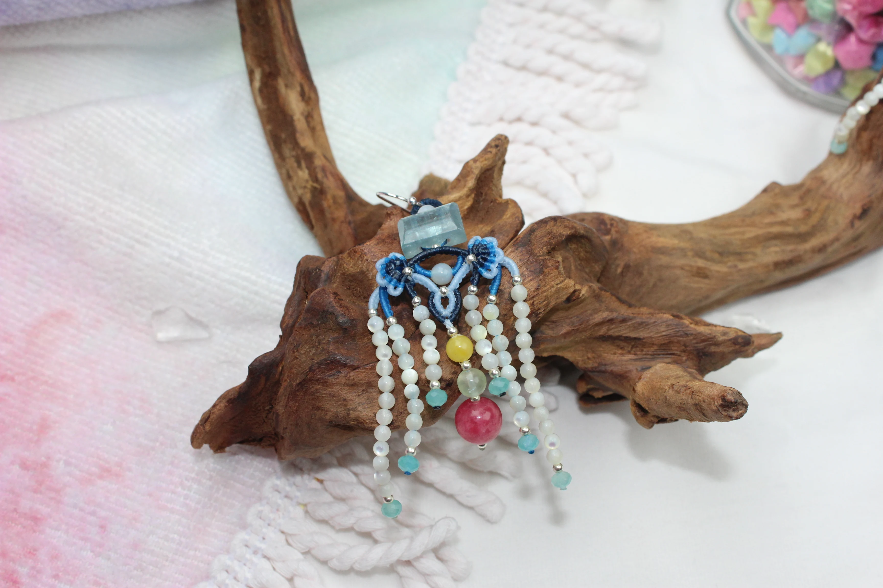 

Macrame Handmade Wax Polyster Cord Woven Square Kyanite Natural Stone Earrings with beading Tassels Exclusive Custom Design Gift