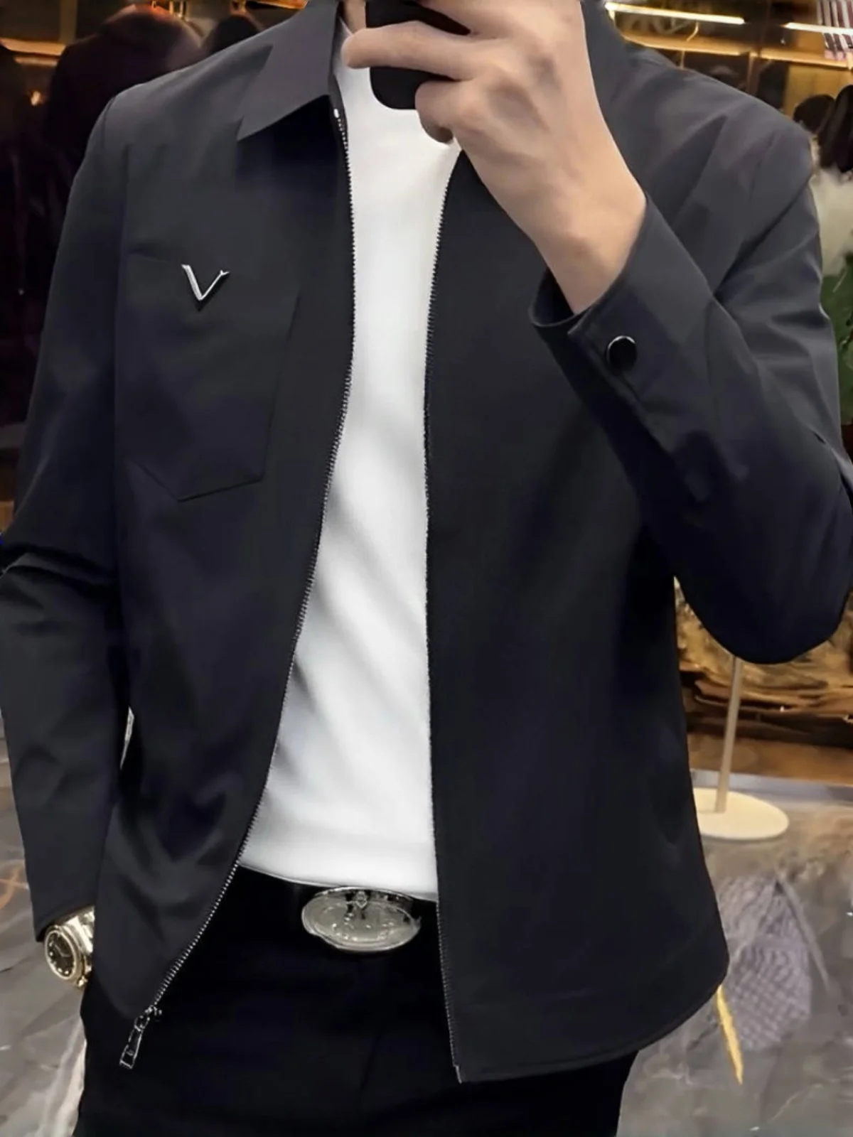 

Casual Faionable Men's Jaet Autumn New Sle Simple Ele Stand Collar Lightweight Luxury Zipper Closure Long Sve Coat