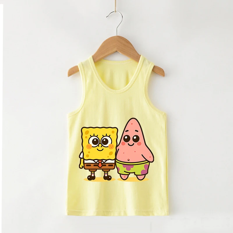 

SpongeBob SquarePants Children Vest Boy Girl Sleeveless Tanks Top Kids Summer Clothes Pure Cotton Casual T-shirt Baby Tees Gift