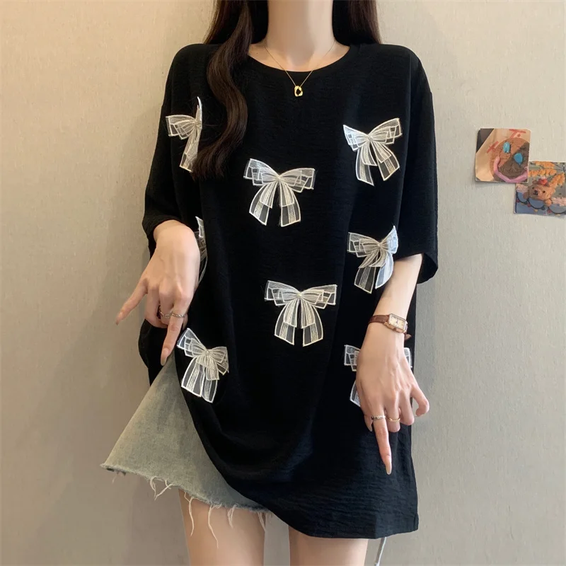 

Summer New Korean Style 3D Bow Loose Breathable Short Sleeve T-Shirt for Women Plus Size Casual Top Trendy