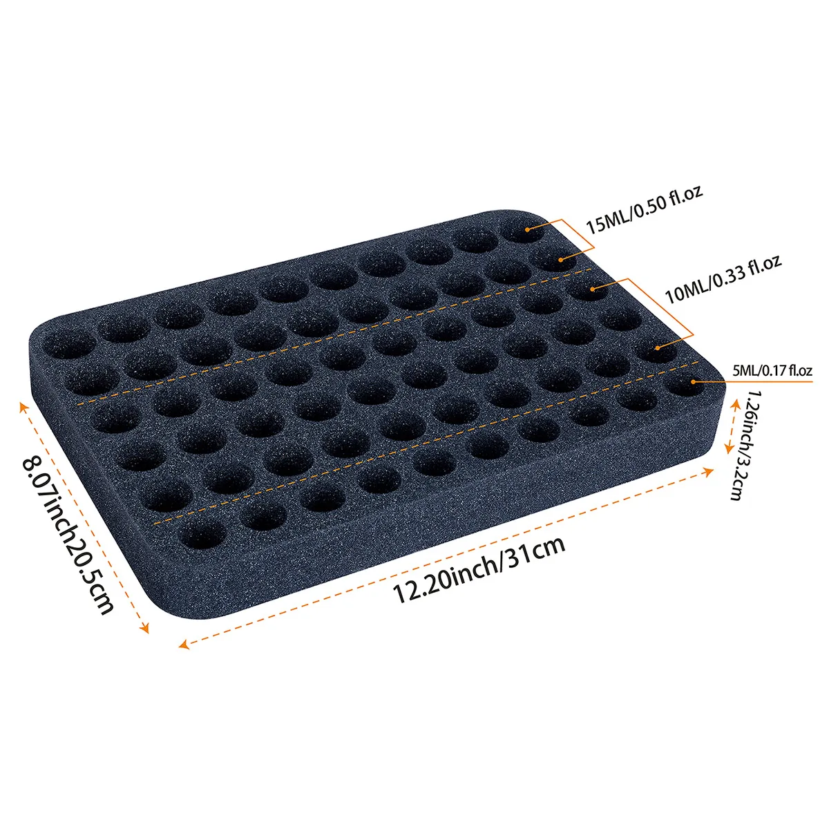 60-Slot Foam Padded Removable Bottom Divider Holds 20 bottom 15 ml (0.5 fl.oz) 30 bottom 10ml (0.33 fl.oz) and 10 bottom 5 ml (0