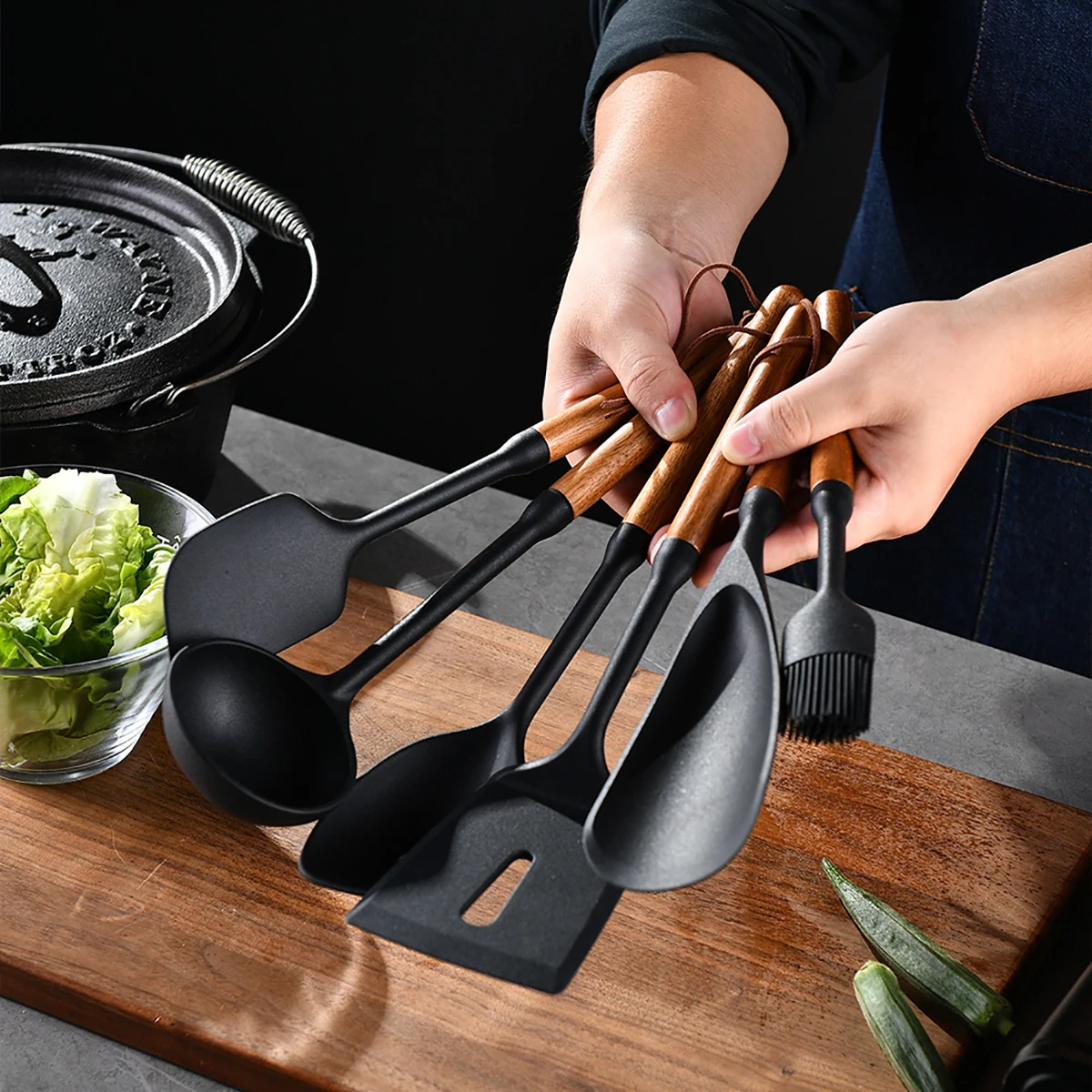 3/7pcs Black Non-Stick Cookware Kitchen Utensils Set Wooden Handle Silicone Kitchenware Set Spatula Shovel Ladle Cooking Tools
