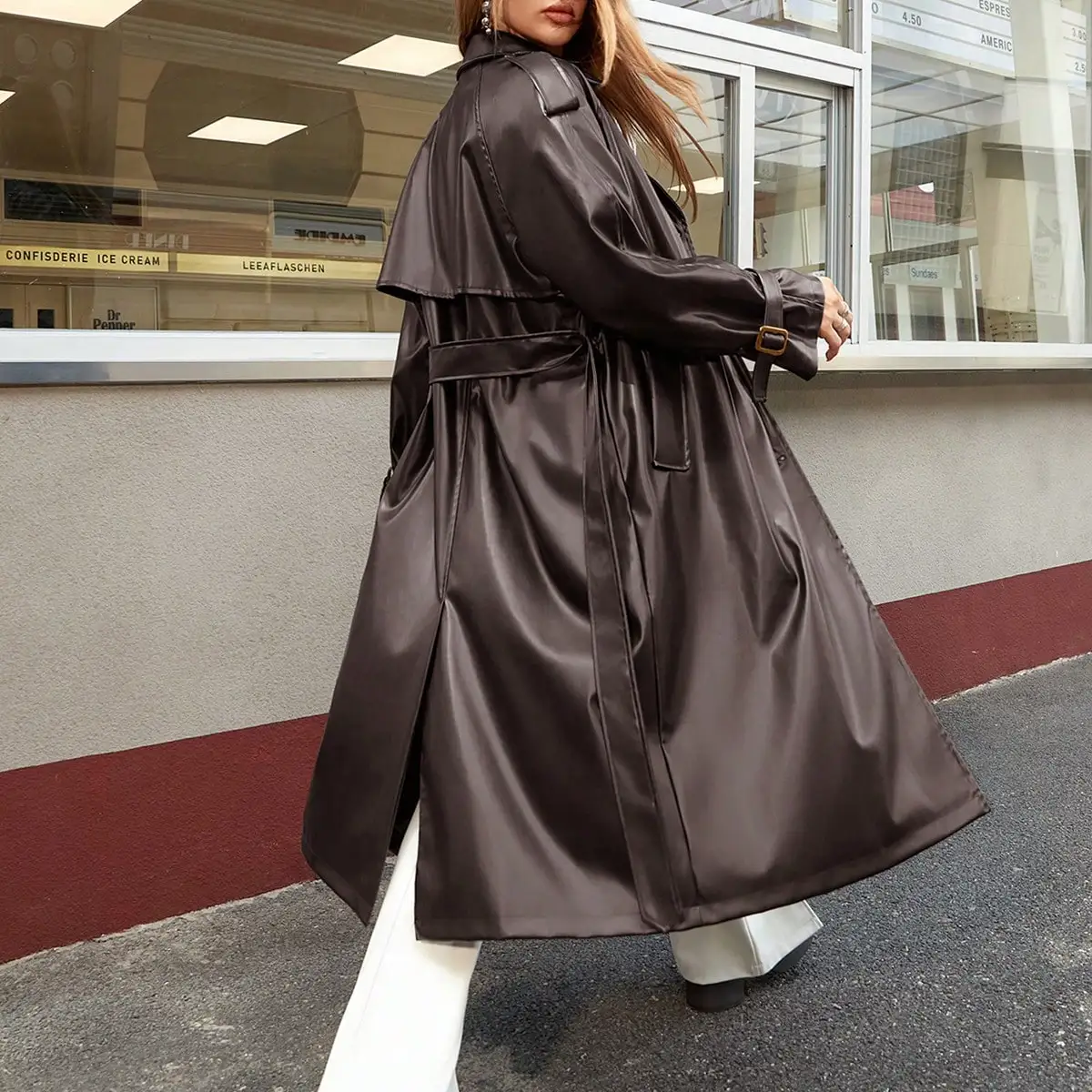 A Maillard Button Fly Raglan Sleeve Belted Longline Patent PU Leather Trench Spring Coat