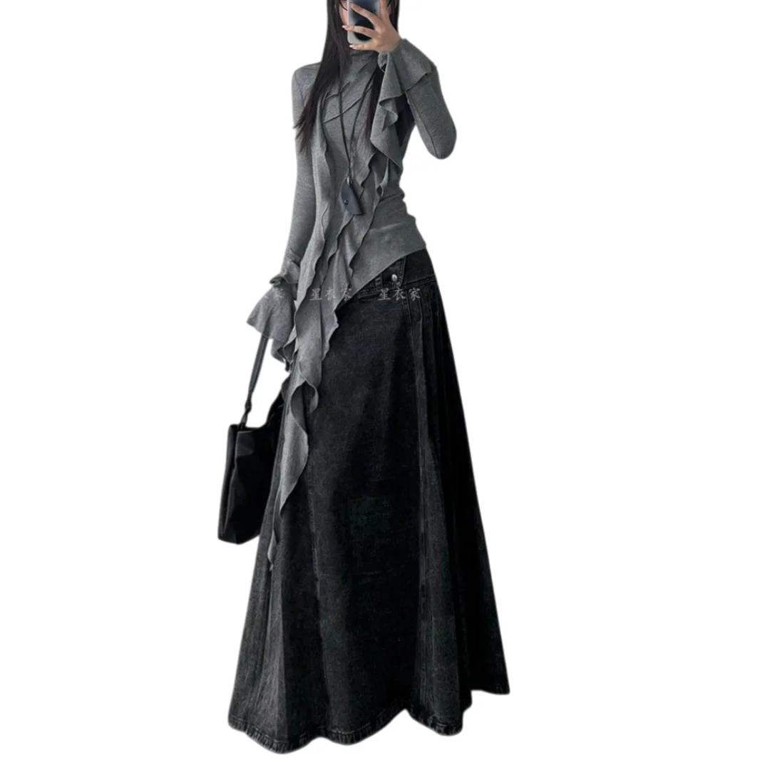 الرجعية الأمريكية حجم كبير غسلها الدنيم العمل تنورة المرأة الخريف الشتاء نمط جديد الألفية الساخن فتاة تنورة طويلة