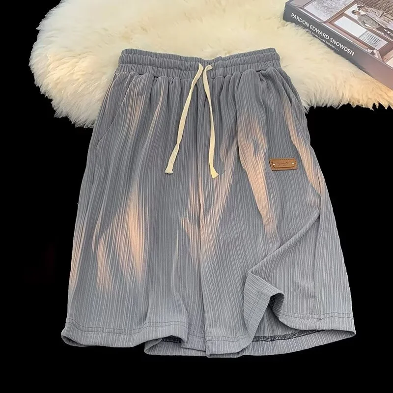 

Летние шорты из ледяного шелка с аппликацией на шнурке для мужчин, молодежные спортивные мешковатые бермуды для спортзала Y2K, уличная одежда, прямые короткие брюки