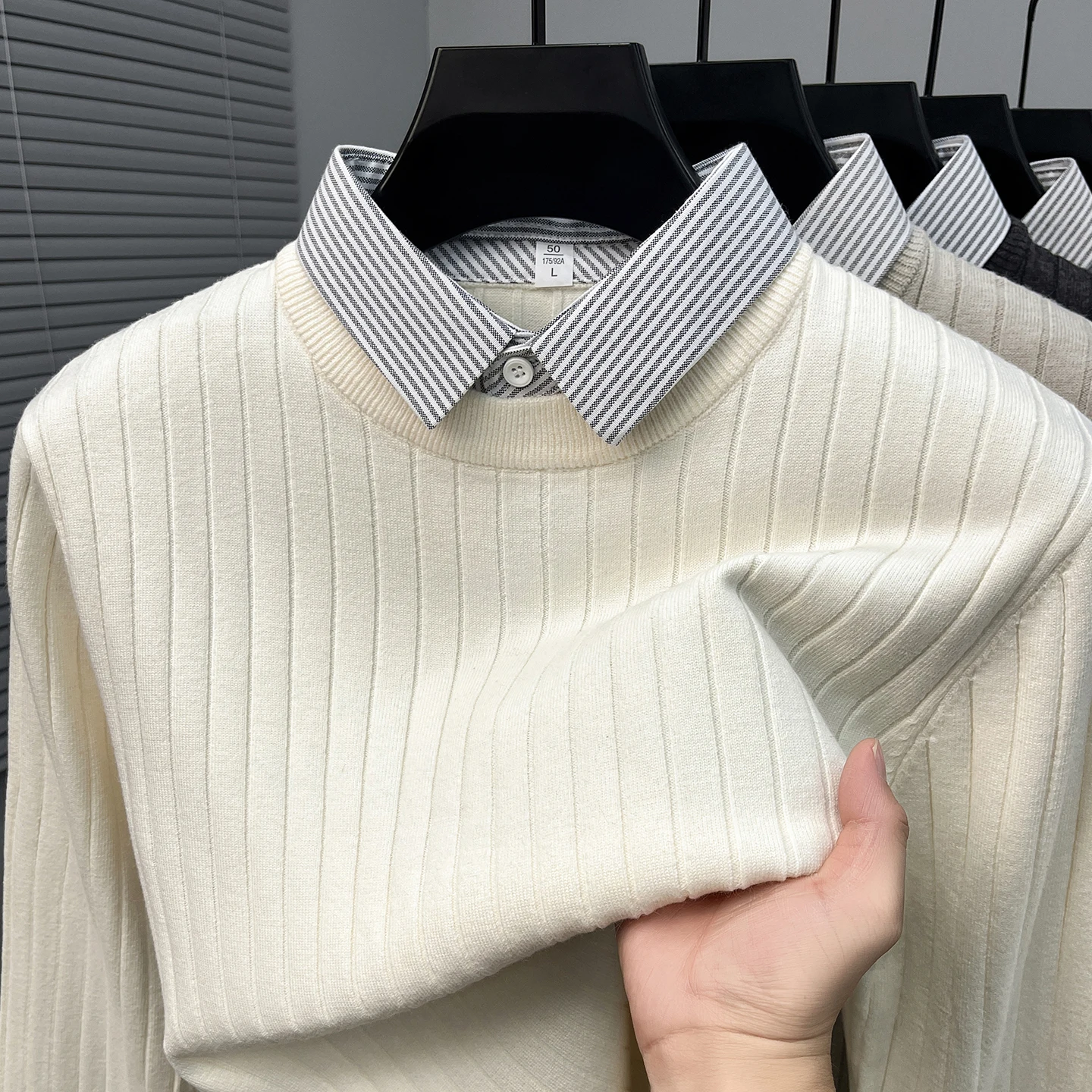 Personality striped shirt collar men's sweater knitted new comfort high-quality fake two-piece autumn winter luxurious pullover
