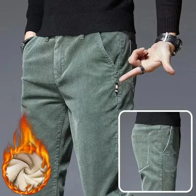 Stretch Casual Pants for Men Fall Winter Corduroy Material and Velvet Lining Straight Cut Slim Fit Trousers Pants Men Clothing