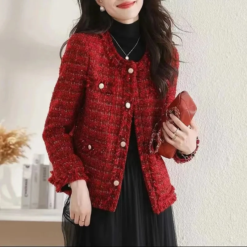 Red Green Woolen Short Women's Jacket Spring Autumn 2024 Popular Female Coat Casacos Chaqueta Mujer