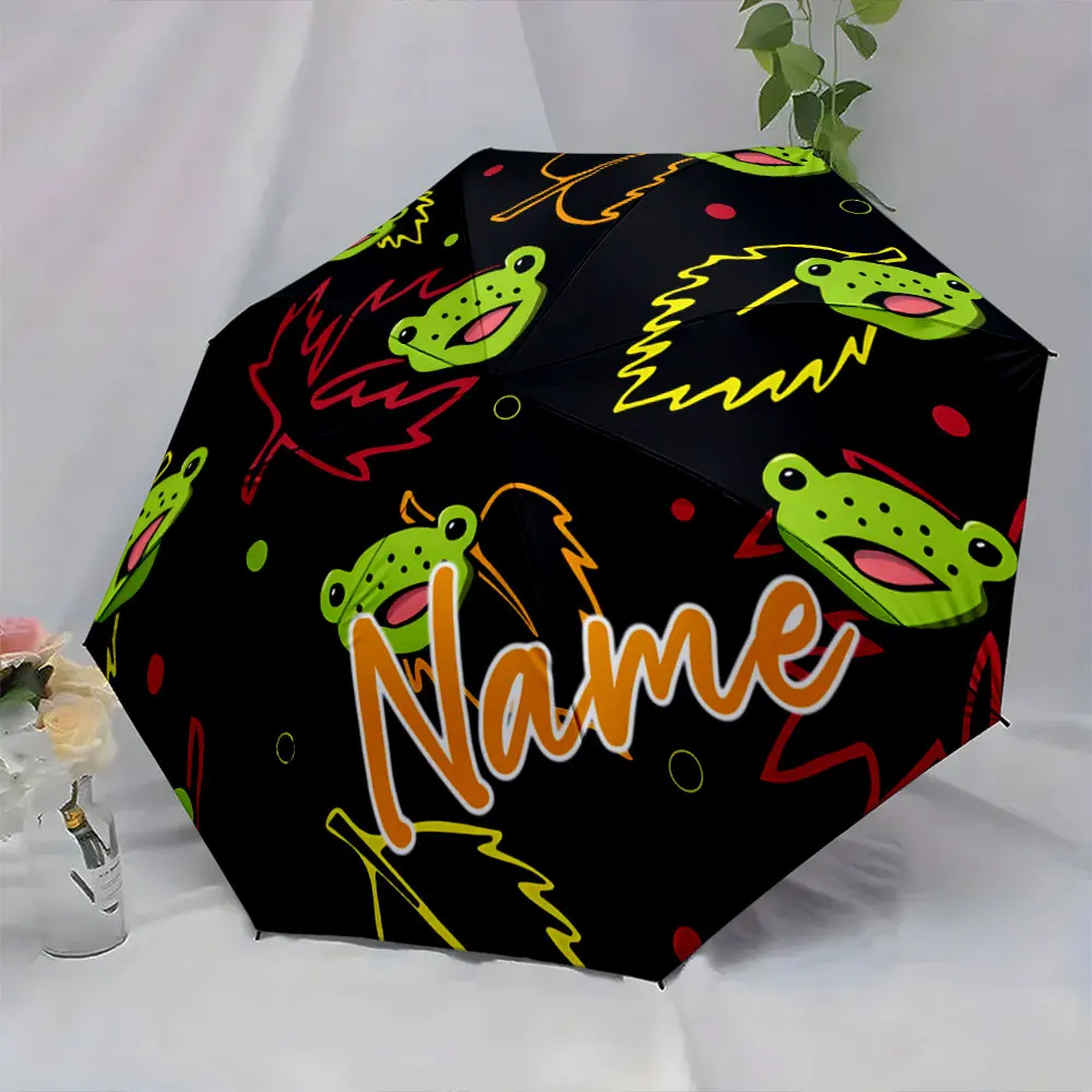 Custom Name Umbrella Frog and Leaf Pattern Umbrella Design Print 8 Iron Ribs Folding Umbrella Auto-Open Fashion Sunshade