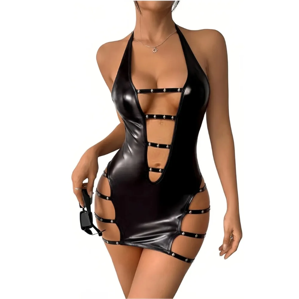 Damen Bodycon Leder Wet-Look Minikleid mit Ausschnitten Party Clubwear Trägerkleid aus Vinyl