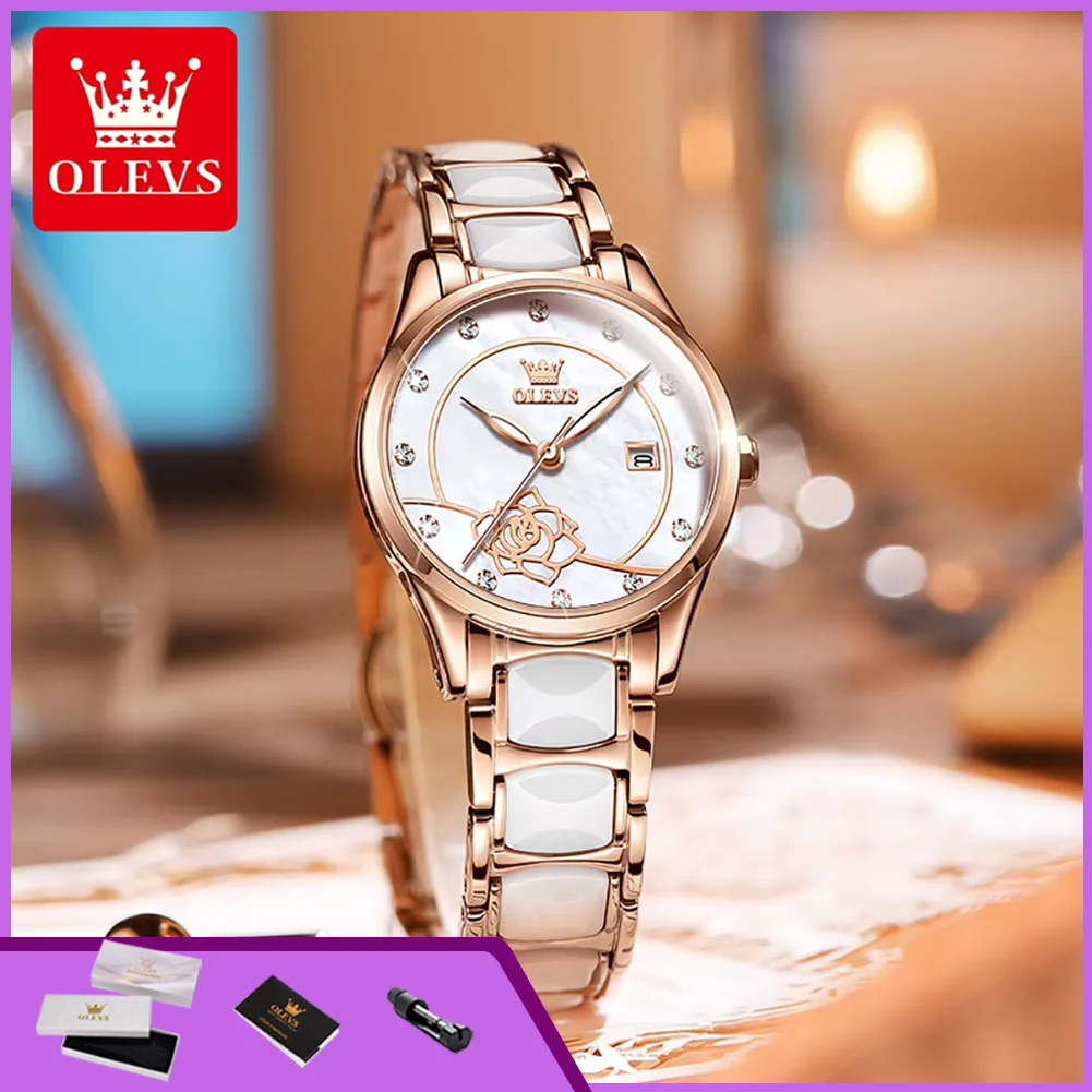 OLEVS 3606 Woman Watch Camellia Flower Design Ceramics Strap Diamond Scale Elegant Luxury  Japan Quartz Movement Watch for Women