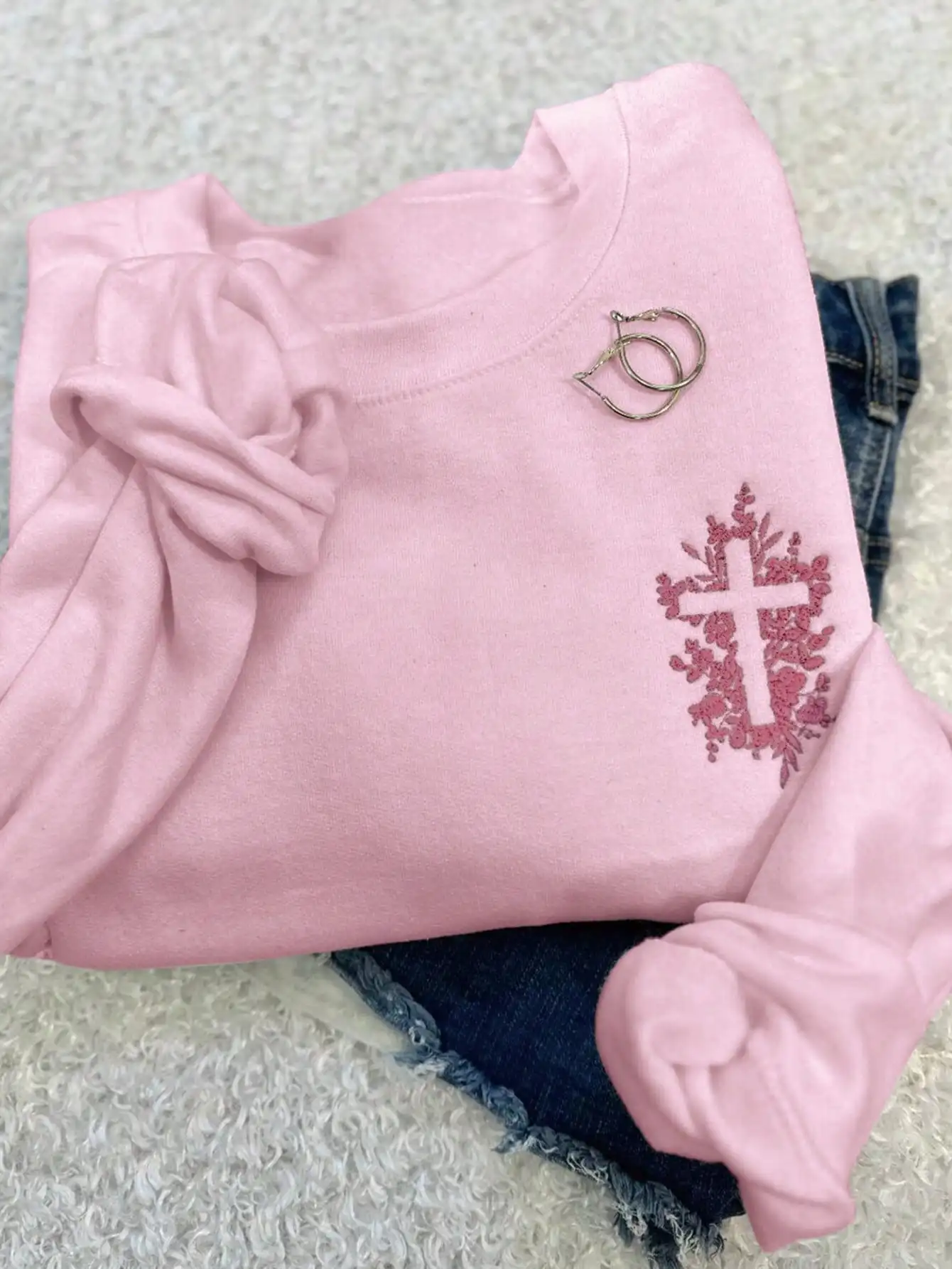 

Розовая женская толстовка с цветочной вышивкой крестом, повседневный пуловер свободного покроя на весну, Пасху или обратно в школу