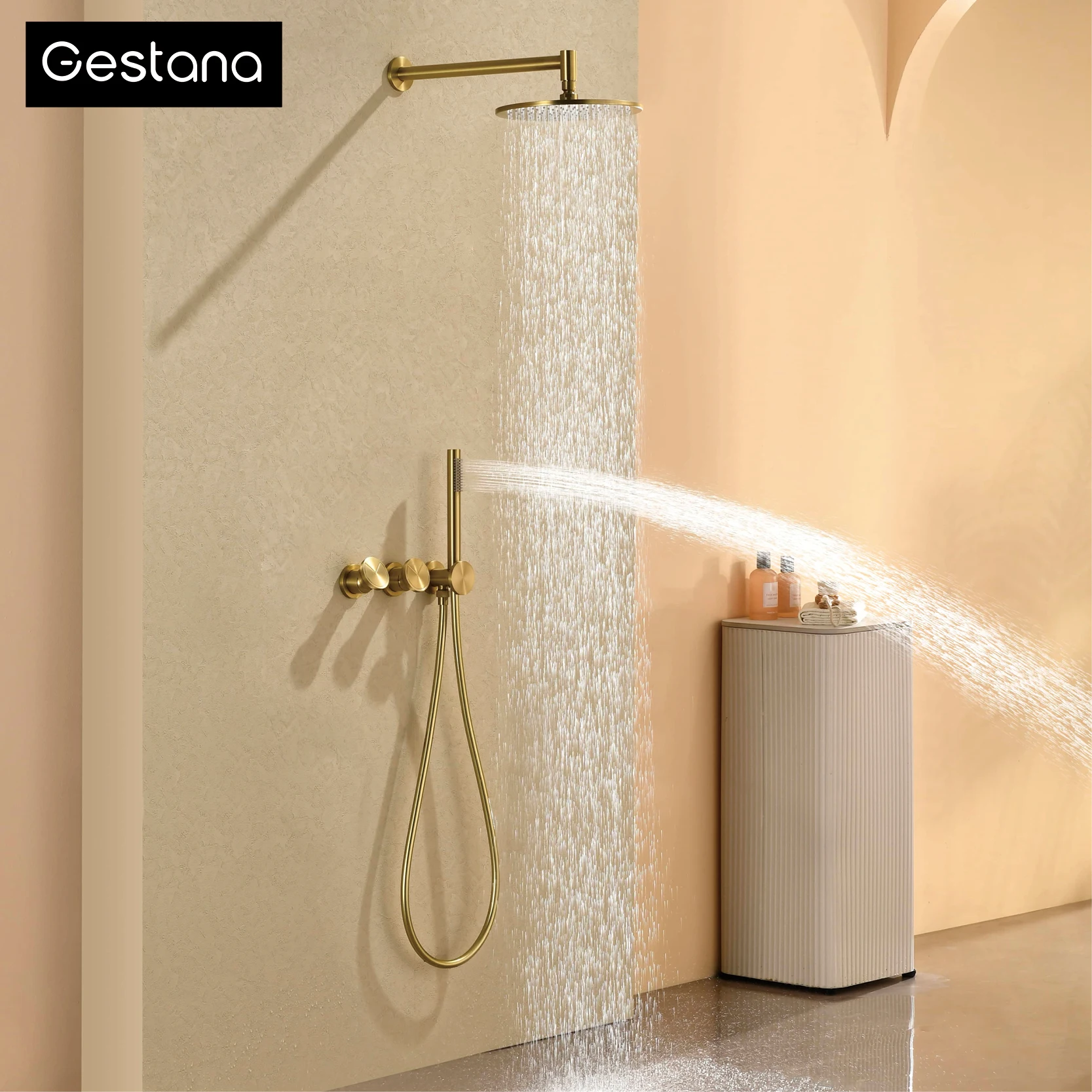 

Minimalist Brown Brass Wall Mounted rainfall Bathroom Shower System Double Handle Hot Cold Mixer Tap Adjustable Water Flo