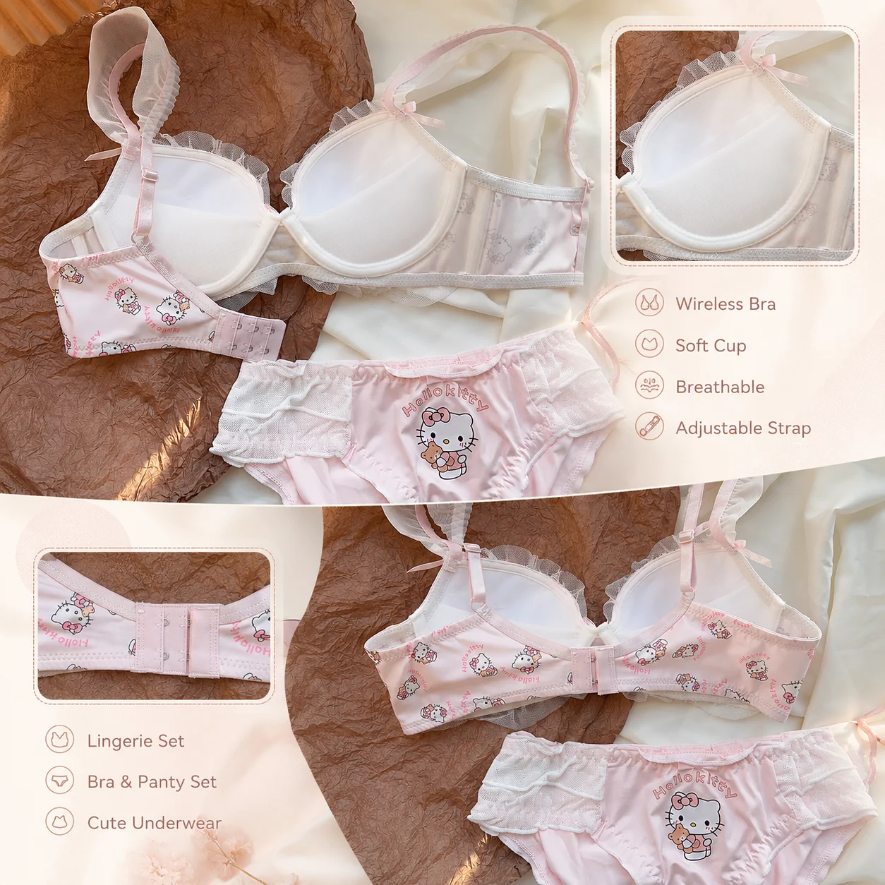Hello Kitty Sanrio Cute Lace Bra Set Sweet Bow Wireless Underwear Comfortable Skin-friendly Lingerie Set for Women - view 2