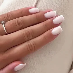 24PCS French White Edge Fake Nials Full Cover Press on Nails Detachable Ballerina Nail Short Square Acyrlic False Stick-on Nails