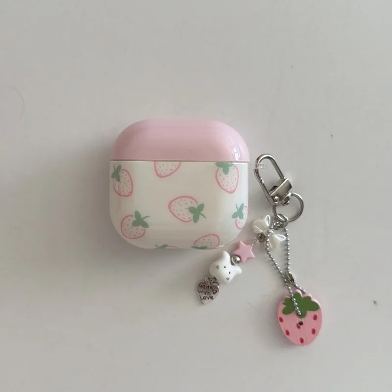

Cute Pink Strawberry Pattern Anti-fall Earphone Case with Pendant for Airpods Pro/Pro2/Pro3/1/2/3/4 Dustproof, Shockproof