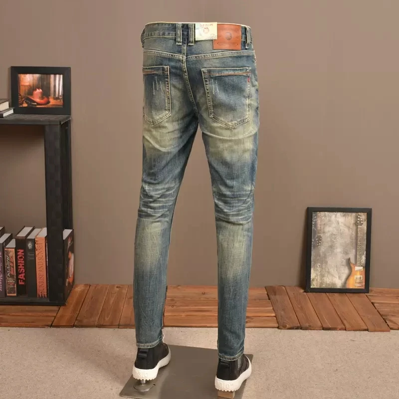 Fashion Designer Men Jeans Retro Washed Stretch Slim Fit Ripped Jeans Men High Quality Italian Style Vintage Denim Pants Hombre