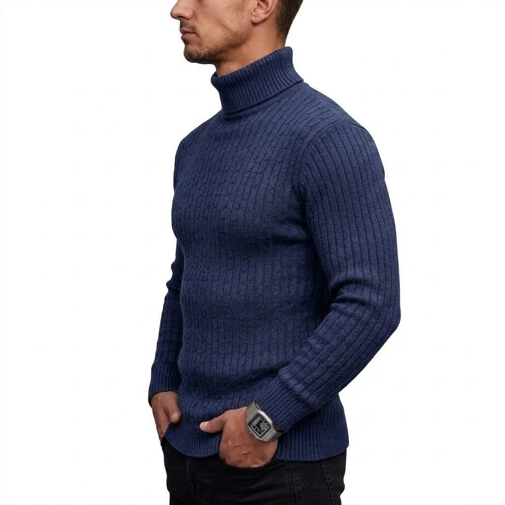 Neuer Herren-Rollkragenpullover, lässiger Zopfstrickpullover, hoher Kragen, lange Ärmel, warme Winterpullover für Männer, schmal geschnittene Oberteile. – Detail 7