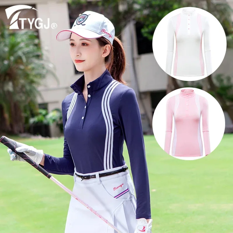 TTYGJ Lady Quick Dry Golf Shirt Women Sunproof Stripe Golf T-shirt Ladies Slim Stand Collar Casual Shirt Long Sleeve Sportswear