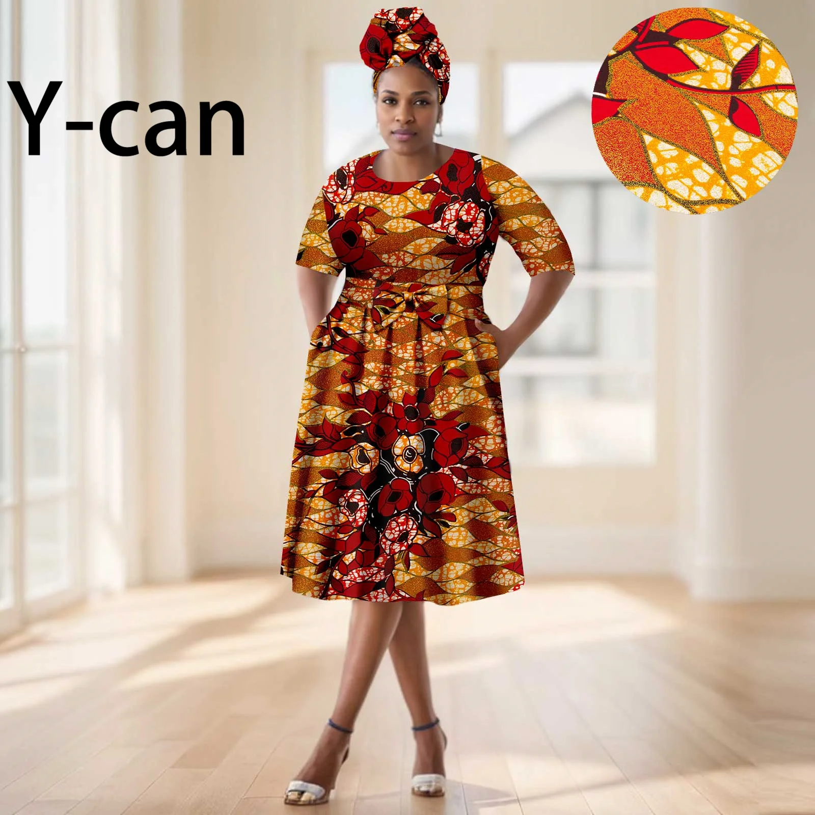 African Women Dress with Headscarf O-neck High Waist Bowknot Dress for Wedding Party African Traditional Style 2425103