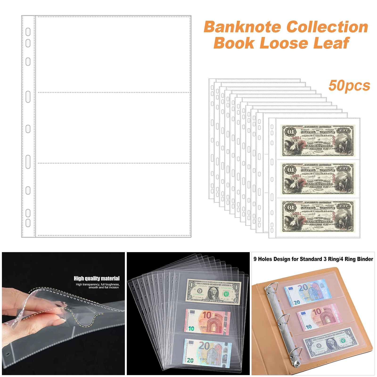 50 Pack 3-Pocket Binder Currency Sleeves for Collectors Bills Banknotes Coupons