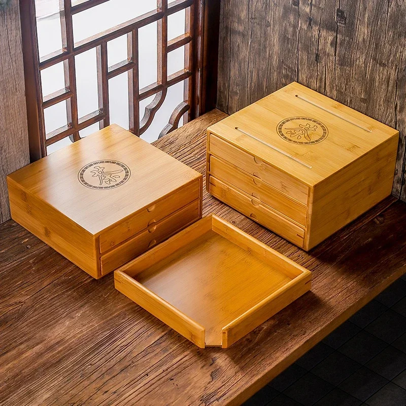 New Bamboo Box Tea Cake Storage Box Tea Organizer TeaCeremony Accessories TeaTray Drawer Organizer Storage Bin Bamboo Cabinet