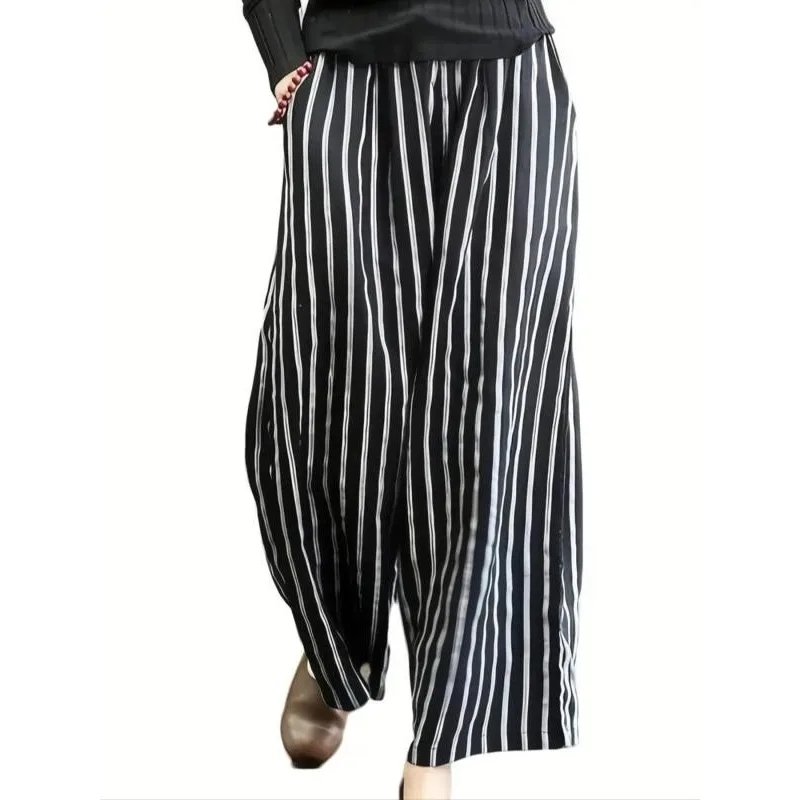 حجم كبير 1XL-5XL السراويل الصيفية النسائية مخطط واسعة الساقين تظهر التخسيس ﻿