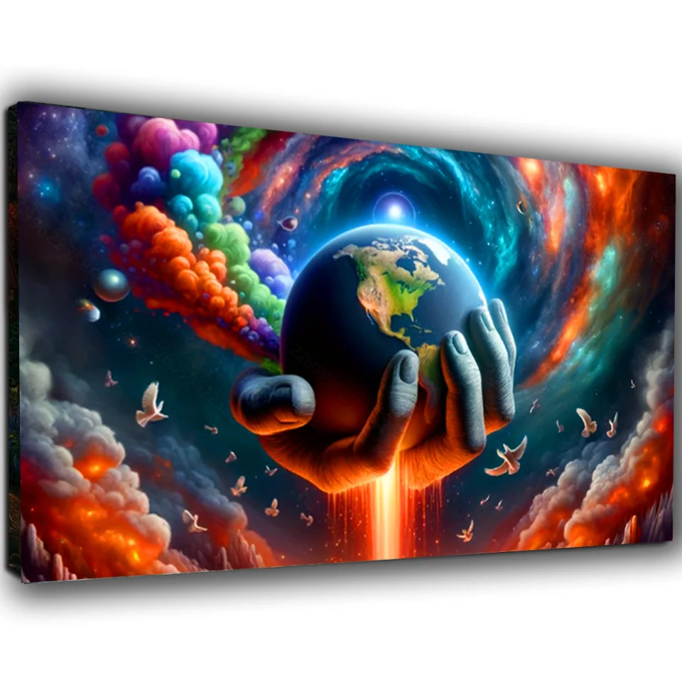 New Diamond Painting Surreal Landscape,Hand holding Earth,Multicolor Smoke Rises From It Into Cosmic Sky DIY Embroidery Mosaic