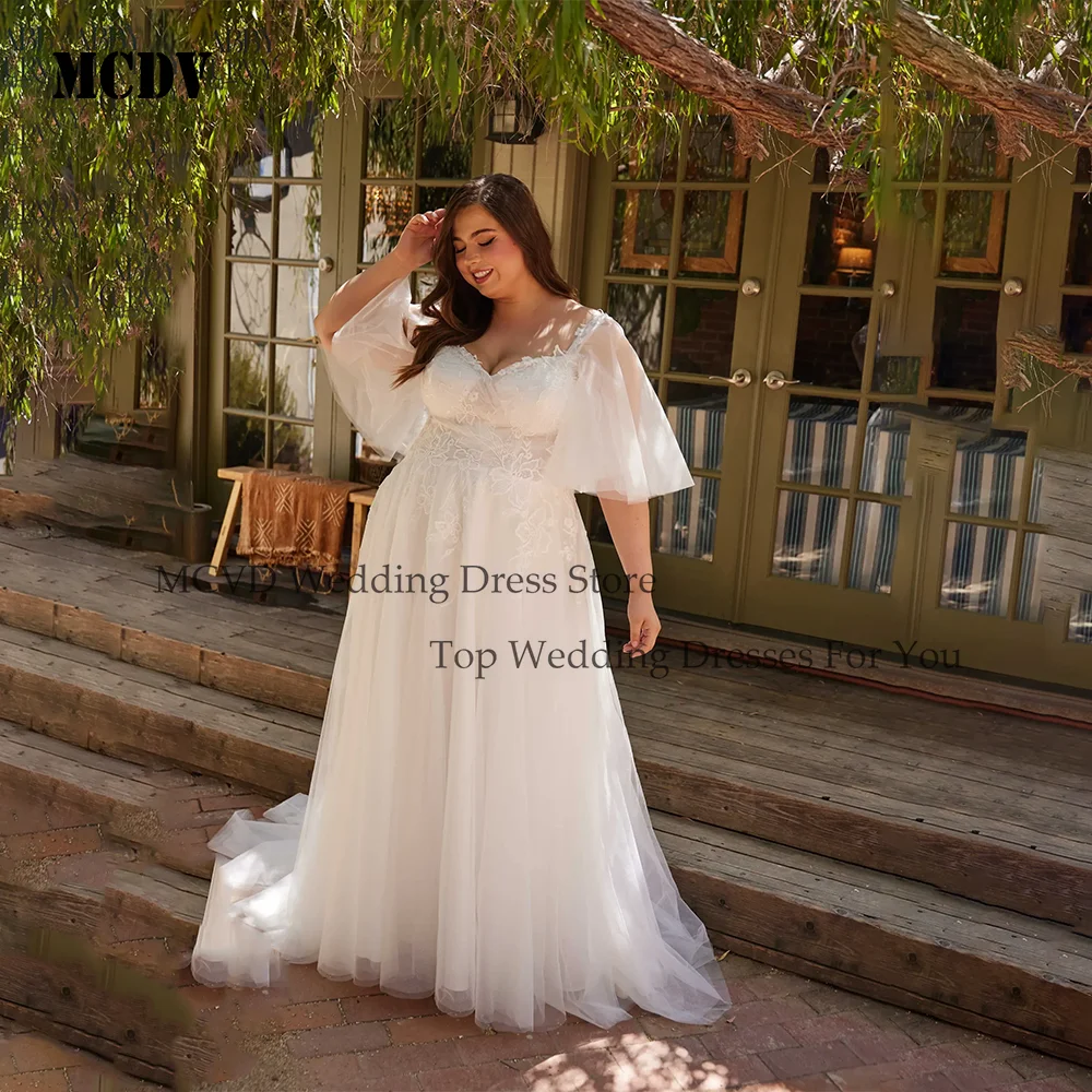

MCDV Princess Wedding Dresses Plus Size Customized Batwing Sleeves V Neck Tulle A Line Sweep Train Bridal Gown Abito Sposa