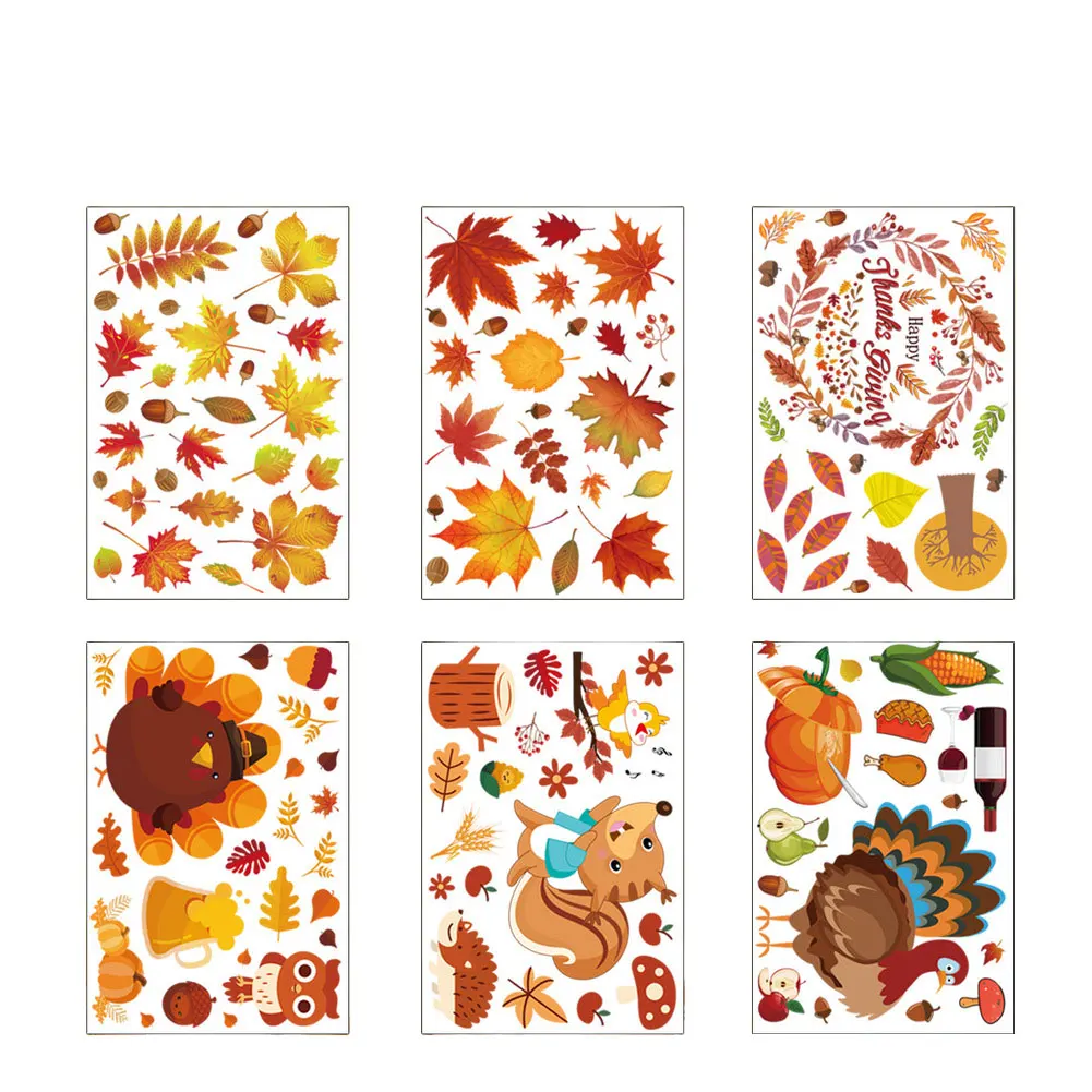 Thanksgiving Herbst Ahornblatt Fenstersticker 6-8 Blatt Truthahn-Gnom-Aufkleber für Heimparty Glasdekoration PVC-Folie