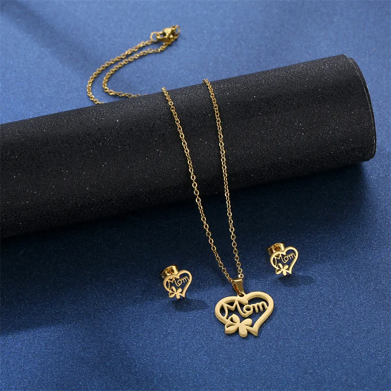 Stainless Steel Gold Color Mother's Day Jewelry Set For Women Hollow Heart Flower Mama Necklace Earrings Thanksgiving Day Gifts