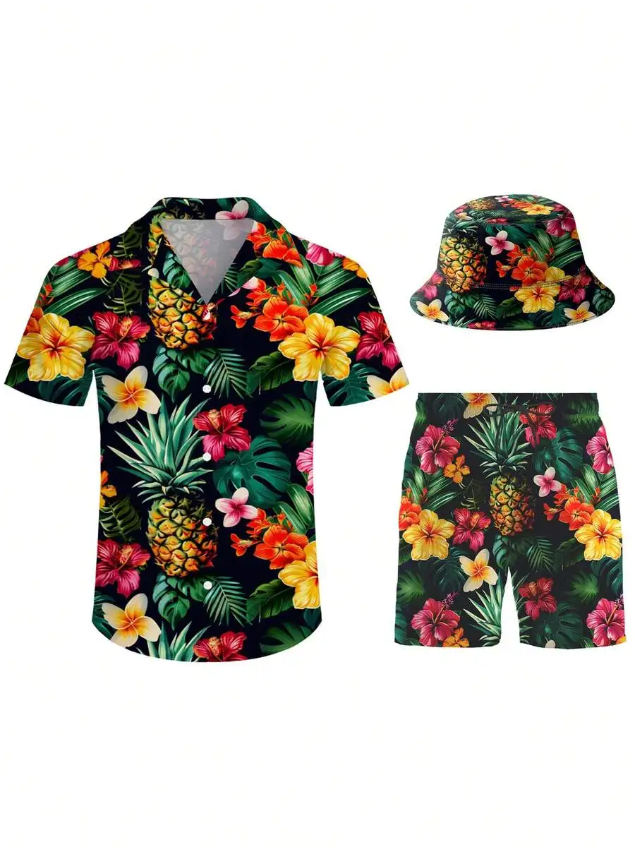 

Mens Hawaiian Shirt Short And Bucket Hat 3 Piece Set Floral Pineapple Palm Leaves Summer Beach Casual Outfit