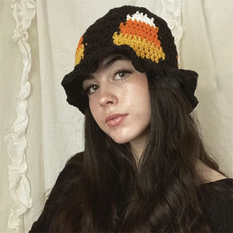 

Handmade Crochet Fantastic Daemon ice-cream Knitted Fisherman Hat Versatile Women Beanies Colored Fashion Round Basin Hat