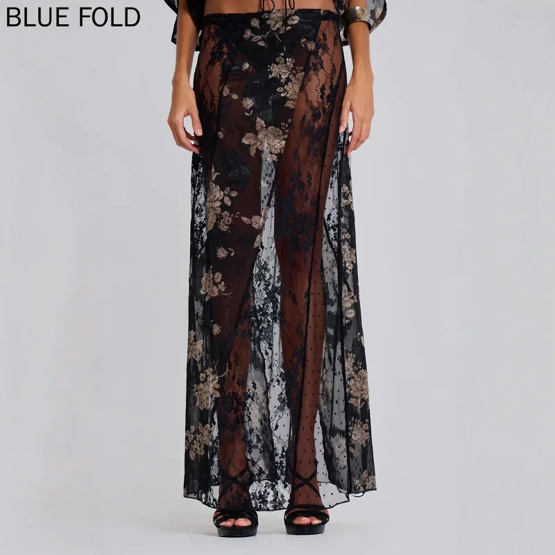

Black Floral Patchwork Mesh Skirt Lace Sheer Sexy Y2K Hot Girl Skirt