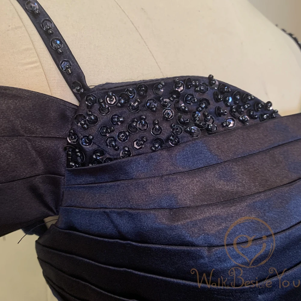 Abiti da sera blu Navy 2023 lungo elegante raso sirena pizzo Appliques Spaghetti Strap Off spalla Sweetheart pieghe abito da ballo