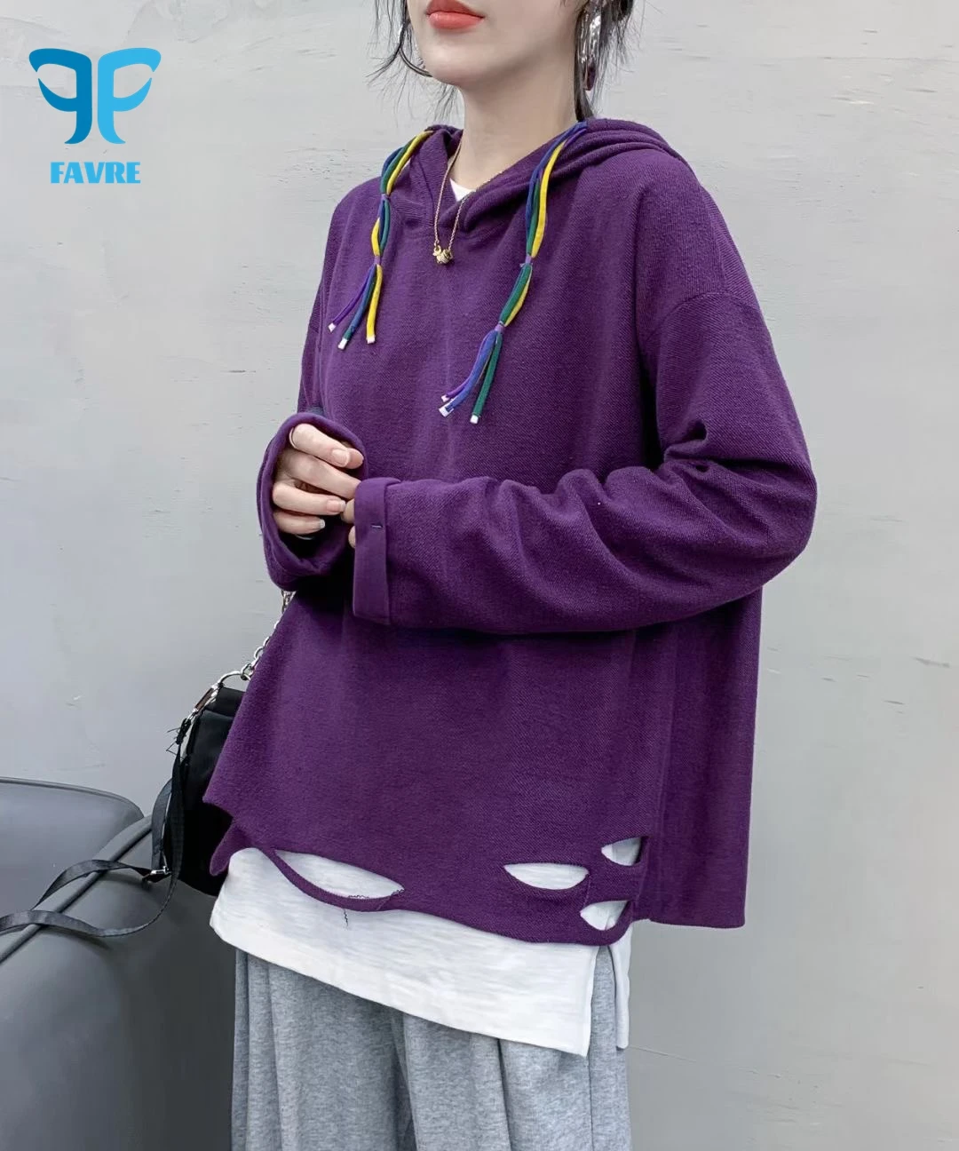 FAVRE Design Hem Hole Sweatshirts Womens Multicolor-drawstring Pullovers Spring Autumn Hoodies Niche Ins Casual Vintage Tops