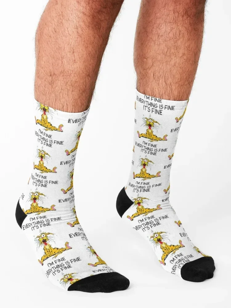Its Fine Im Fine Everything Is Fine Funny Quote Cat T-Shirt Socks with print crazy custom Socks Women's Men's