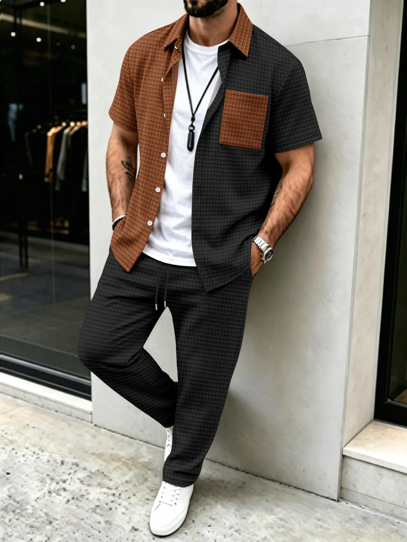 Men's Summer Color Block Patchwork Short Sleeve Shirt & Drawstring Long Pants Set for Daily Casual and Outdoor Travel Outfits - view 4