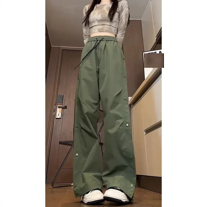 Women's Army Green American Techwear Shell Pants, Summer Quick Dry Waterproof Side Snap Button Hiking Cargo Trousers