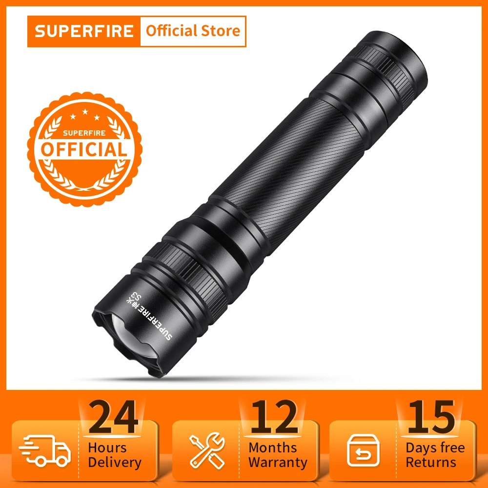 SUPERFIRE S3 Mini LED Flashlights Camping Torch 5 Lighting Modes Aluminum Alloy Zoomable Light Waterproof Use 18650 Batteries