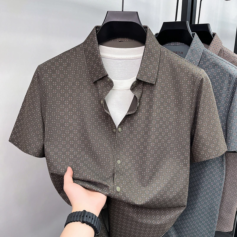 

Personalized plaid printed short sleeve men's shirt luxury high-end new fashion ice silk breathable comfort casual summer top