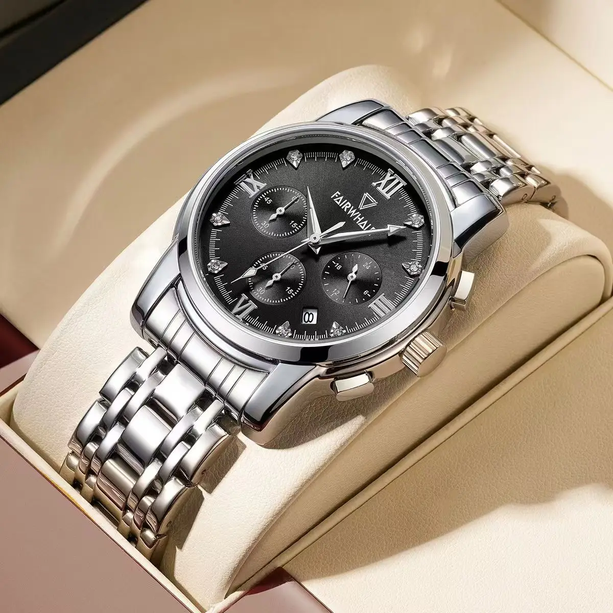 Mark Fairwhale 5380 Relógio de negócios masculino com fivela borboleta de aço inoxidável cronógrafo de quartzo relógio de pulso à prova d'água