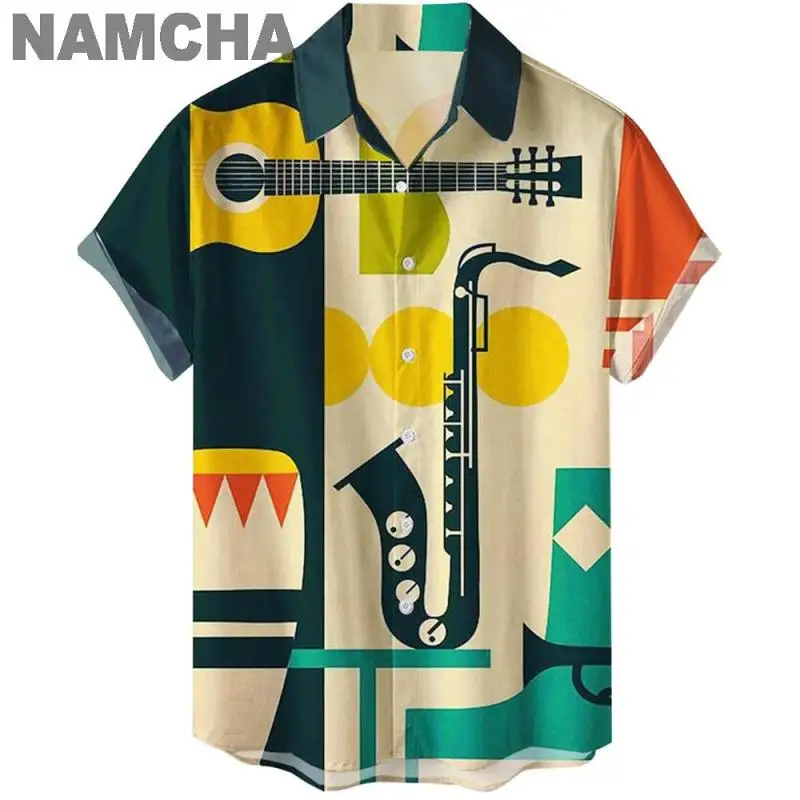 Camisa havaiana estampada em 3D masculina, tops casuais de instrumentos musicais, blusas soltas de manga curta, estilo praia, verão, 2023