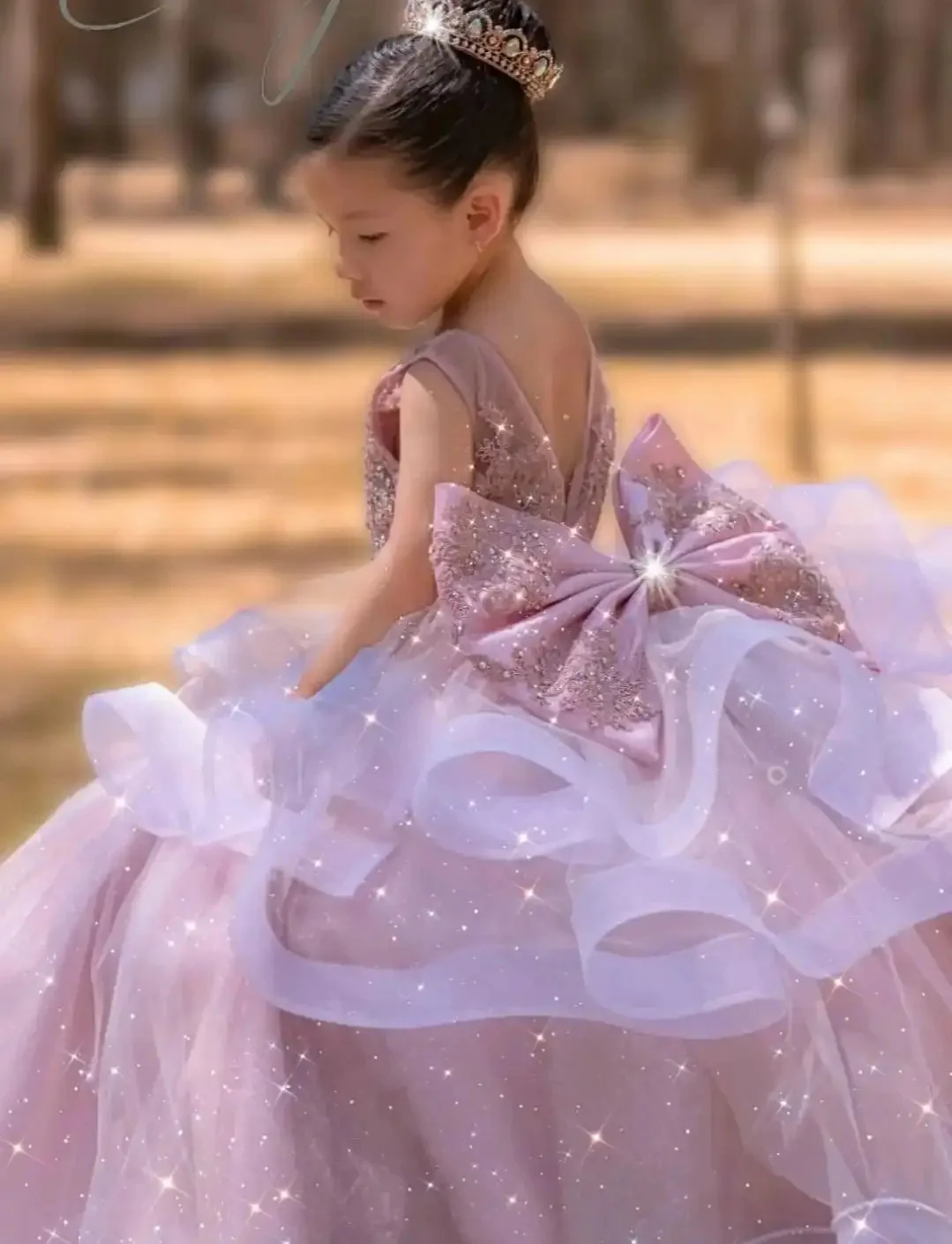 Customized Blush Pink Flower Girl Dresses For Wedding Sparkly Pearls Fluffy Luxury Princess Birthday Party Formal Events Gown